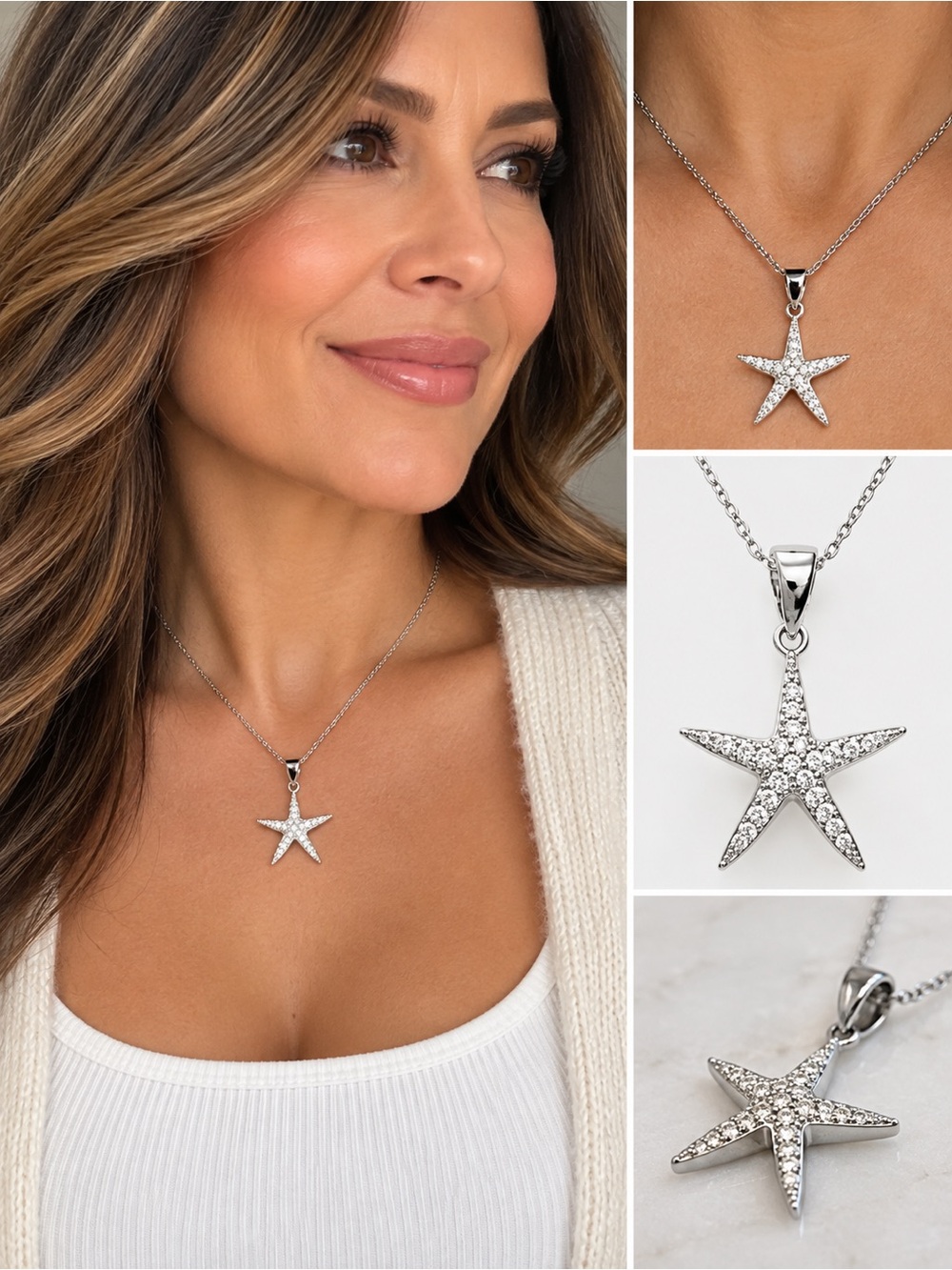 Pave Crystal Starfish Necklace in Silver